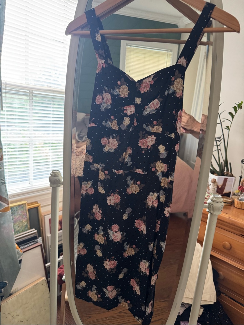 Cute Black Floral Mini Dress with Pink Rose Print